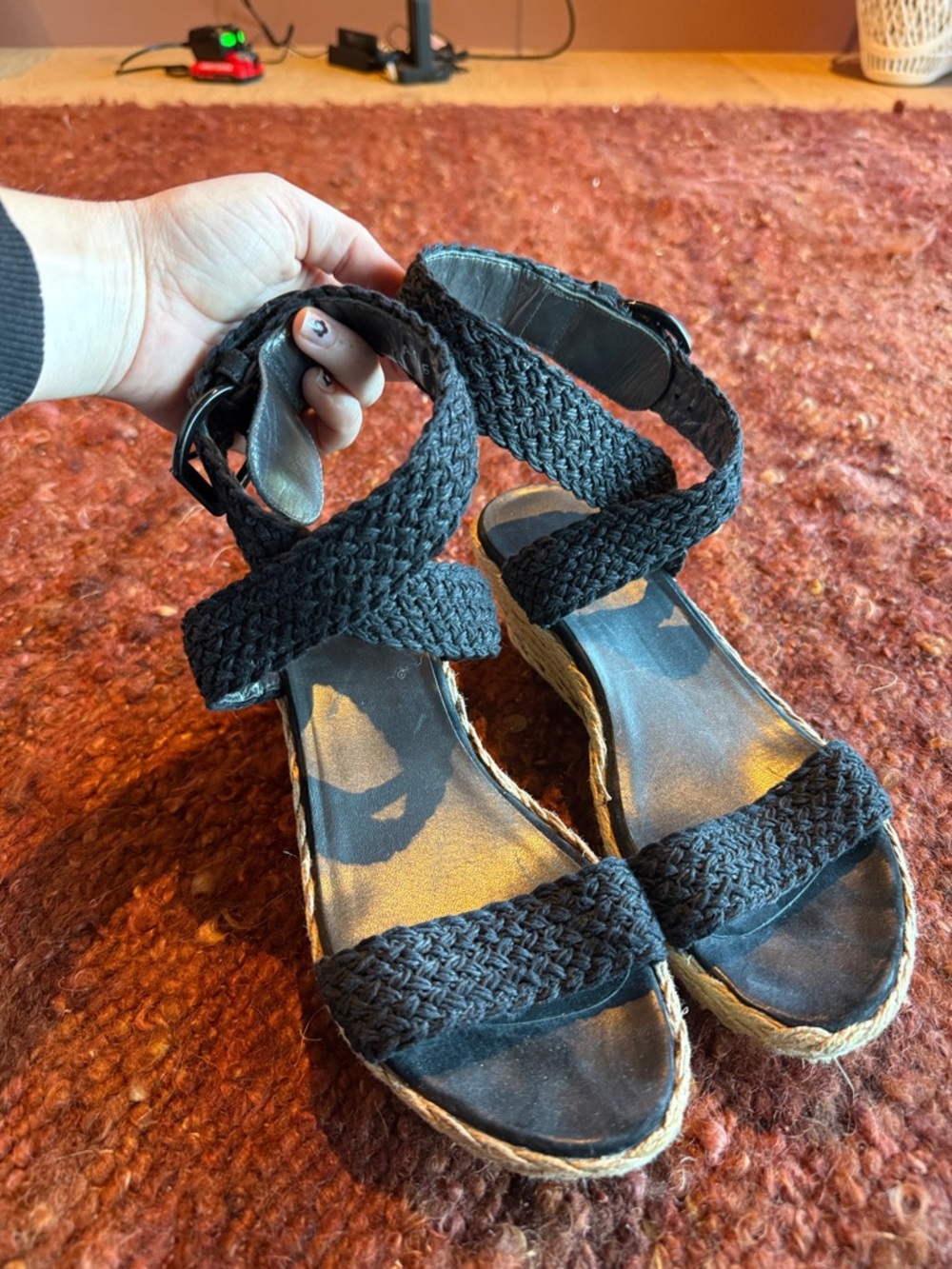 Stuart Weitzman Black Woven Espadrille Wedge Sandals